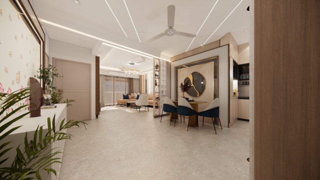 Elegant open-plan living and dining area designed by the best interior designing firm in Ahmedabad, featuring warm beige tones, navy blue accent chairs, gold circular wall art, linear LED ceiling details, and lush indoor plants."